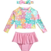 Toddler Girl Swimsuit Long Sleeve 2 Piece Bow Knot Rash Guard Ruffle Rare Hem Swimwear 12-18M